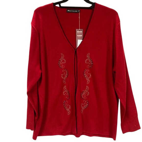 Horrena Red Knit Cardigan Sweater Set, Size XXL, Embroidery Rhinestones NEW - Picture 10 of 16